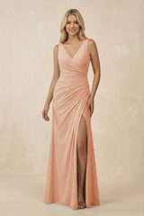 V-Neck Ruched Sheath Bridesmaid Dress with Slit in Champagne Rose - KISS BRIDAL BRIDESMAID DRESSES