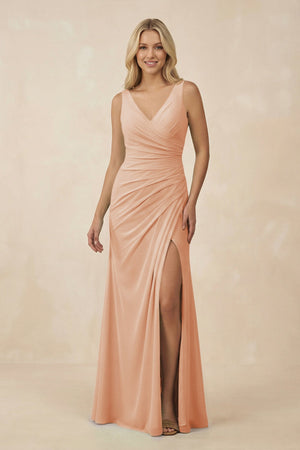 V-Neck Ruched Sheath Bridesmaid Dress with Slit in Champagne Rose - SHE IS ME BRIDESMAID DRESSES