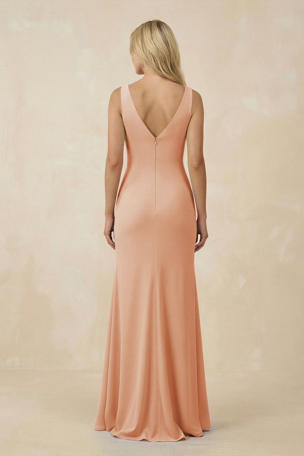 V-Neck Ruched Sheath Bridesmaid Dress with Slit in Champagne Rose - KISS BRIDAL BRIDESMAID DRESSES