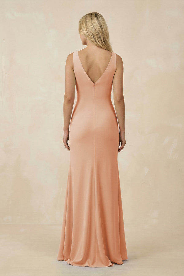 V-Neck Ruched Sheath Bridesmaid Dress with Slit in Champagne Rose - SHE IS ME BRIDESMAID DRESSES