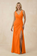 V-Neck Ruched Sheath Bridesmaid Dress with Slit in Cinnamon - SHE IS ME BRIDESMAID DRESSES