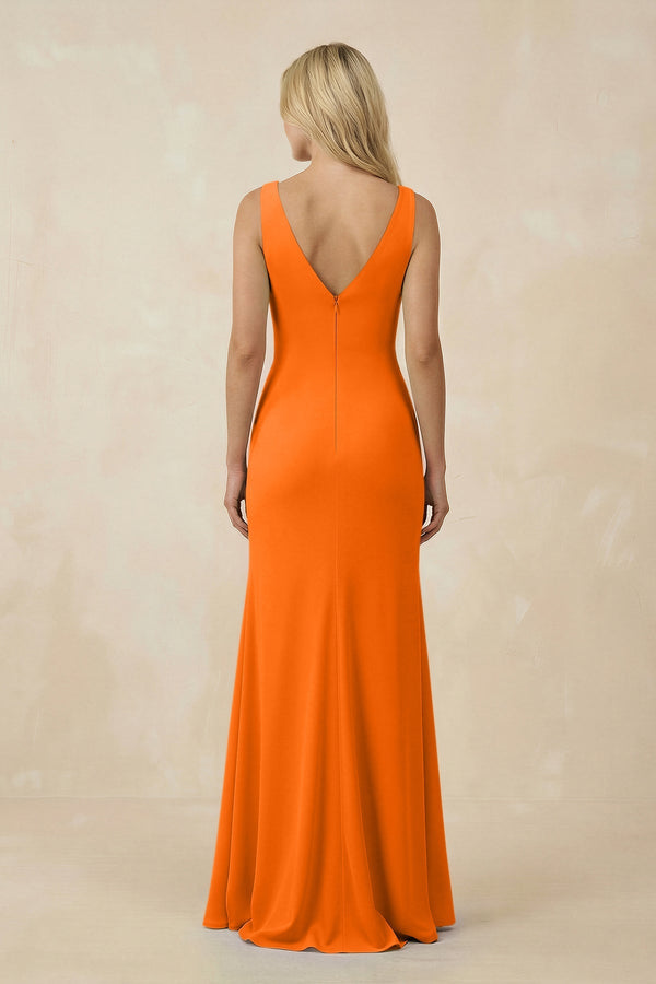 V-Neck Ruched Sheath Bridesmaid Dress with Slit in Cinnamon - SHE IS ME BRIDESMAID DRESSES