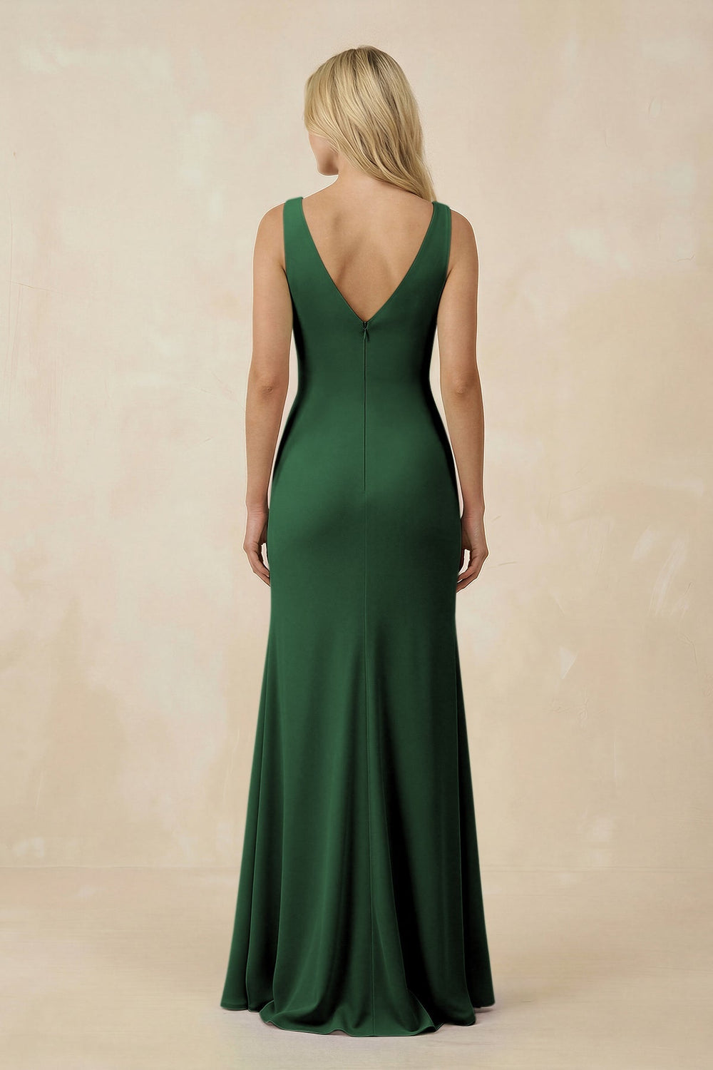 V-Neck Ruched Sheath Bridesmaid Dress with Slit in Dark Green - KISS BRIDAL BRIDESMAID DRESSES