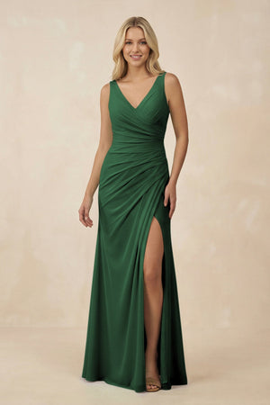 V-Neck Ruched Sheath Bridesmaid Dress with Slit in Dark Green - SHE IS ME BRIDESMAID DRESSES