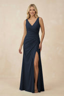 V-Neck Ruched Sheath Bridesmaid Dress with Slit in Dark Navy - SHE IS ME BRIDESMAID DRESSES