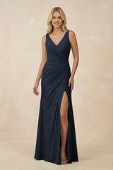 V-Neck Ruched Sheath Bridesmaid Dress with Slit in Dark Navy - KISS BRIDAL BRIDESMAID DRESSES