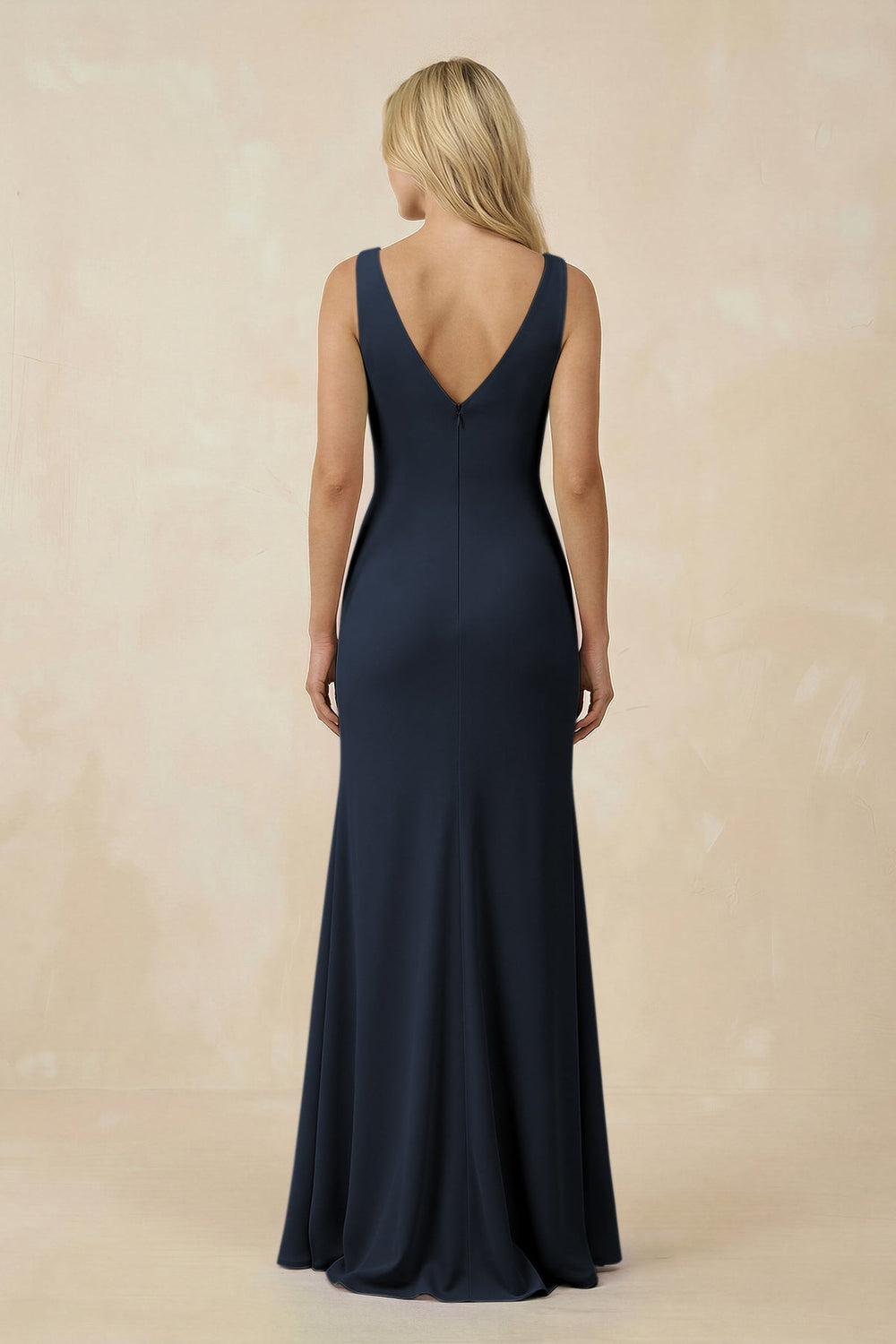 V-Neck Ruched Sheath Bridesmaid Dress with Slit in Dark Navy - KISS BRIDAL BRIDESMAID DRESSES