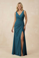 V-Neck Ruched Sheath Bridesmaid Dress with Slit in Dark Teal - SHE IS ME BRIDESMAID DRESSES