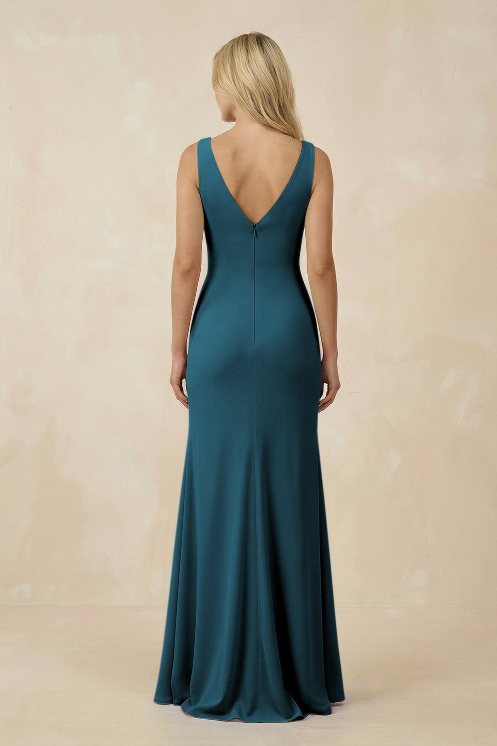 V-Neck Ruched Sheath Bridesmaid Dress with Slit in Dark Teal - KISS BRIDAL BRIDESMAID DRESSES