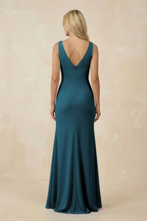 V-Neck Ruched Sheath Bridesmaid Dress with Slit in Dark Teal - SHE IS ME BRIDESMAID DRESSES