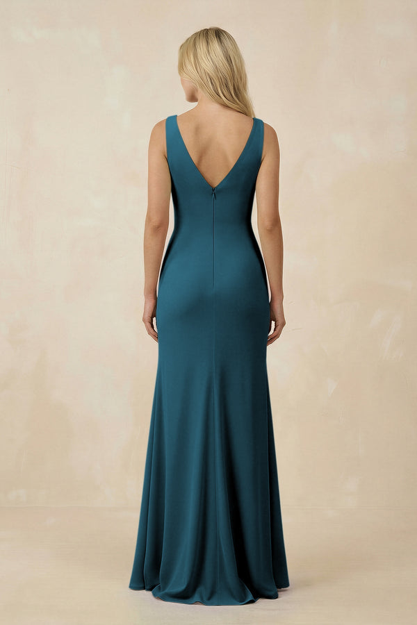 V-Neck Ruched Sheath Bridesmaid Dress with Slit in Dark Teal - SHE IS ME BRIDESMAID DRESSES