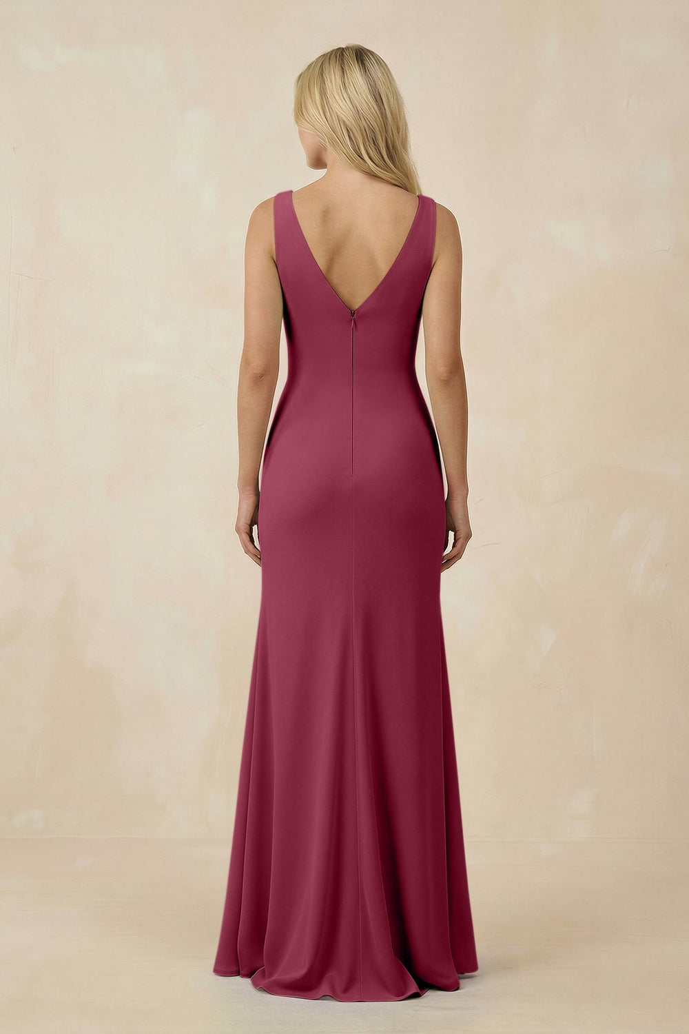 V-Neck Ruched Sheath Bridesmaid Dress with Slit in Desert Rose - KISS BRIDAL BRIDESMAID DRESSES