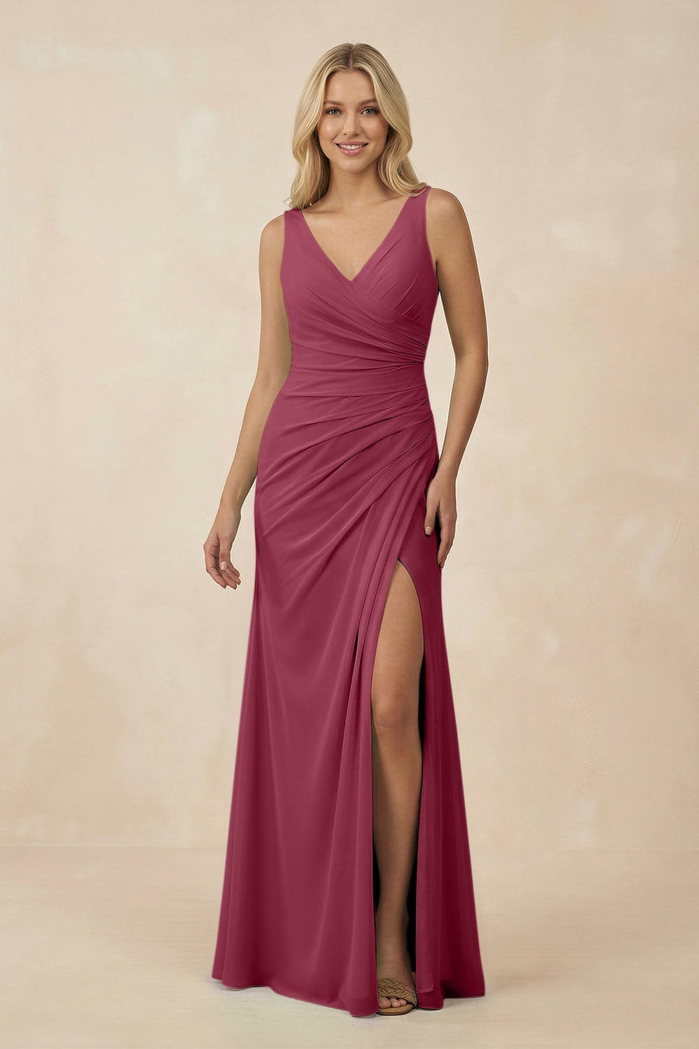 V-Neck Ruched Sheath Bridesmaid Dress with Slit in Desert Rose - KISS BRIDAL BRIDESMAID DRESSES