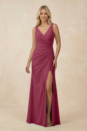 V-Neck Ruched Sheath Bridesmaid Dress with Slit in Desert Rose - SHE IS ME BRIDESMAID DRESSES