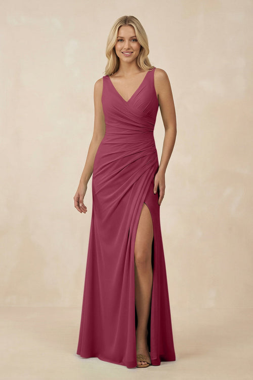 V-Neck Ruched Sheath Bridesmaid Dress with Slit in Desert Rose - SHE IS ME BRIDESMAID DRESSES