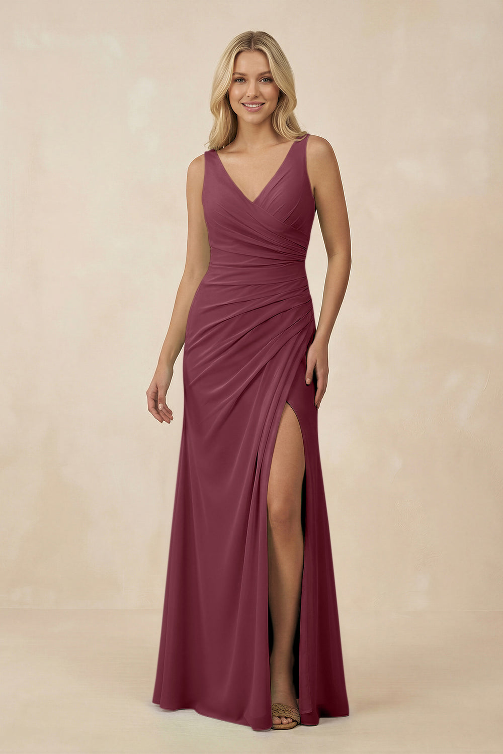 V-Neck Ruched Sheath Bridesmaid Dress with Slit in Desert Rose