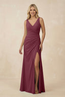 V-Neck Ruched Sheath Bridesmaid Dress with Slit in Desert Rose | KISSBRIDAL
