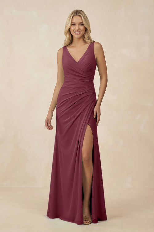 V-Neck Ruched Sheath Bridesmaid Dress with Slit in Desert Rose | KISSBRIDAL
