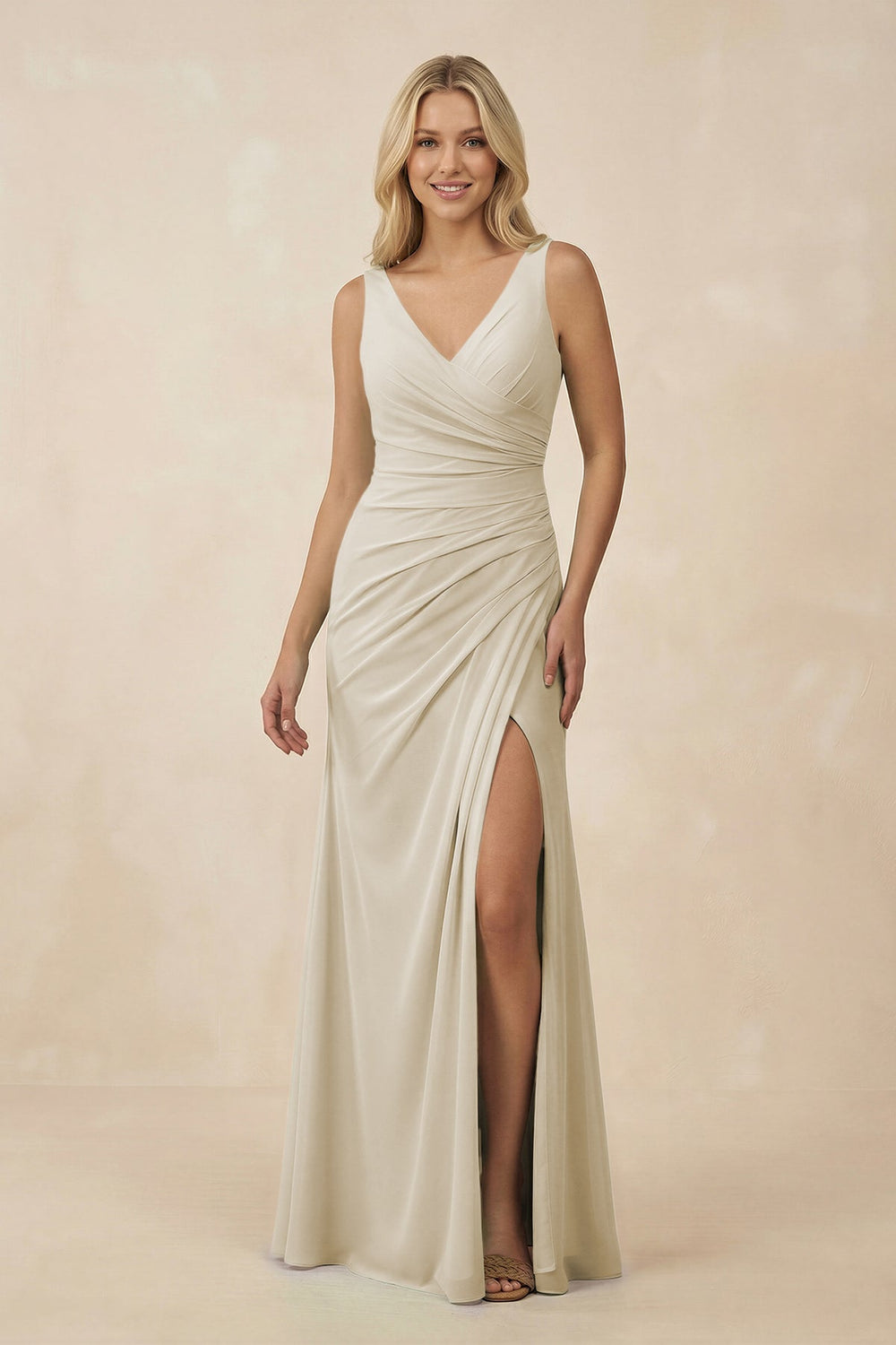 V-Neck Ruched Sheath Bridesmaid Dress with Slit in Dove Gray - KISS BRIDAL BRIDESMAID DRESSES