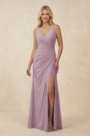 V-Neck Ruched Sheath Bridesmaid Dress with Slit in Dusk - SHE IS ME BRIDESMAID DRESSES