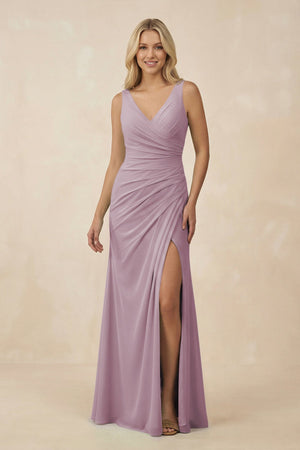 V-Neck Ruched Sheath Bridesmaid Dress with Slit in Dusk - SHE IS ME BRIDESMAID DRESSES