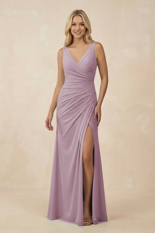 V-Neck Ruched Sheath Bridesmaid Dress with Slit in Dusk - SHE IS ME BRIDESMAID DRESSES