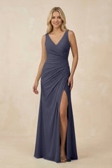 V-Neck Ruched Sheath Bridesmaid Dress with Slit in Dusk Blue - KISS BRIDAL BRIDESMAID DRESSES