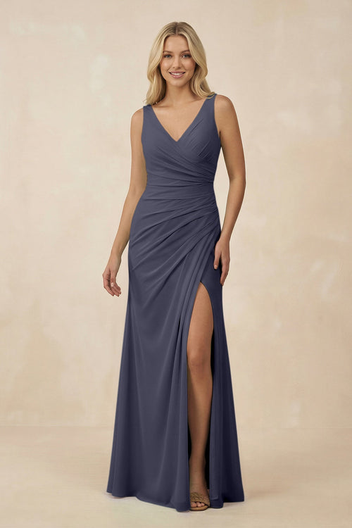 V-Neck Ruched Sheath Bridesmaid Dress with Slit in Dusk Blue - SHE IS ME BRIDESMAID DRESSES