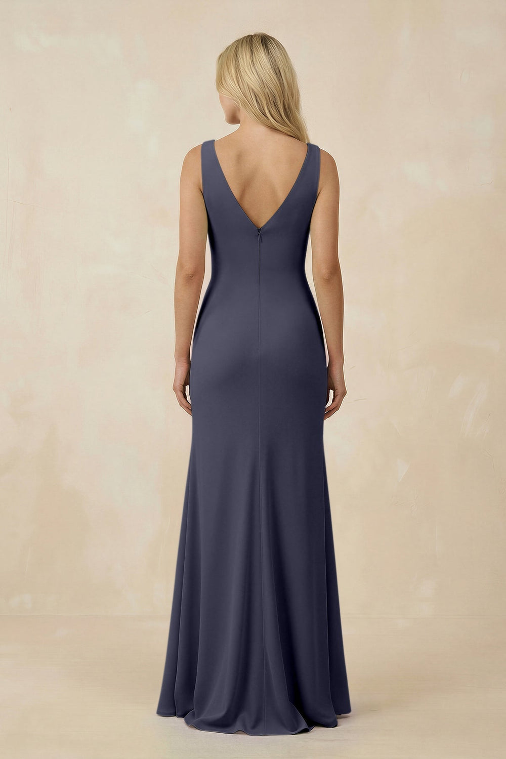 V-Neck Ruched Sheath Bridesmaid Dress with Slit in Dusk Blue - KISS BRIDAL BRIDESMAID DRESSES