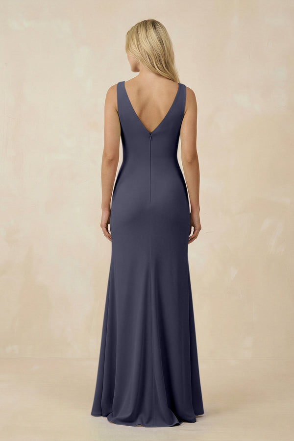 V-Neck Ruched Sheath Bridesmaid Dress with Slit in Dusk Blue - SHE IS ME BRIDESMAID DRESSES