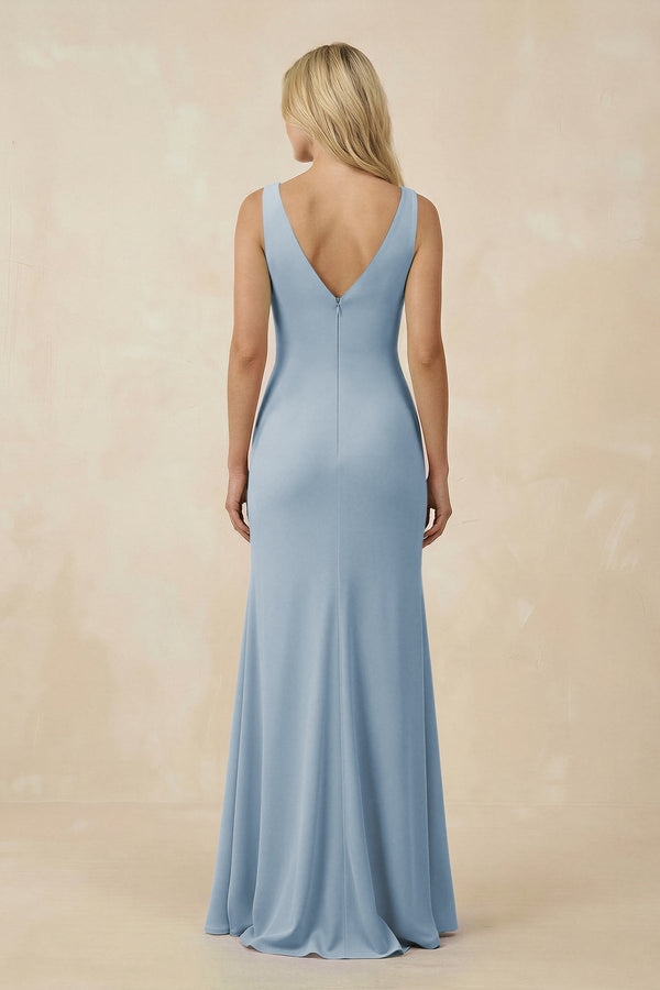 V-Neck Ruched Sheath Bridesmaid Dress with Slit in Dusty Blue - SHE IS ME BRIDESMAID DRESSES