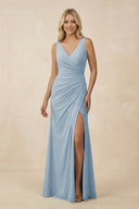 V-Neck Ruched Sheath Bridesmaid Dress with Slit in Dusty Blue - SHE IS ME BRIDESMAID DRESSES