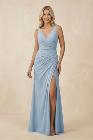 V-Neck Ruched Sheath Bridesmaid Dress with Slit in Dusty Blue - SHE IS ME BRIDESMAID DRESSES