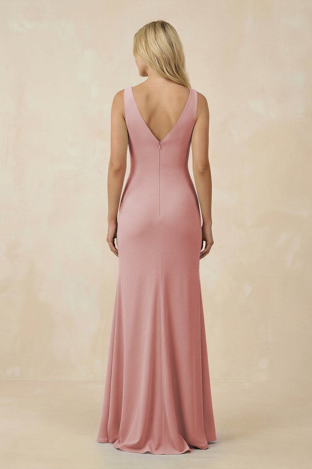 V-Neck Ruched Sheath Bridesmaid Dress with Slit in Dusty Rose - KISS BRIDAL BRIDESMAID DRESSES