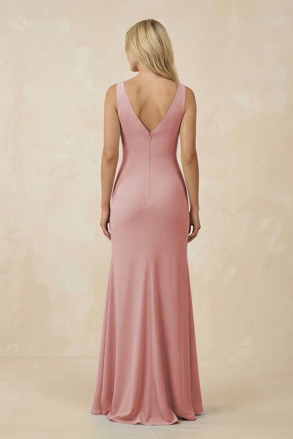 V-Neck Ruched Sheath Bridesmaid Dress with Slit in Dusty Rose - SHE IS ME BRIDESMAID DRESSES