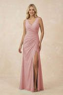 V-Neck Ruched Sheath Bridesmaid Dress with Slit in Dusty Rose - SHE IS ME BRIDESMAID DRESSES
