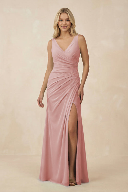 V-Neck Ruched Sheath Bridesmaid Dress with Slit in Dusty Rose - SHE IS ME BRIDESMAID DRESSES