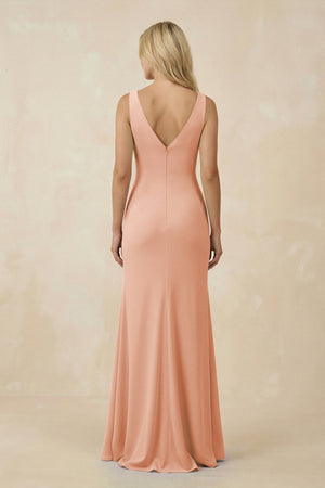 V-Neck Ruched Sheath Bridesmaid Dress with Slit in English Rose - SHE IS ME BRIDESMAID DRESSES