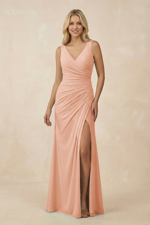 V-Neck Ruched Sheath Bridesmaid Dress with Slit in English Rose - SHE IS ME BRIDESMAID DRESSES