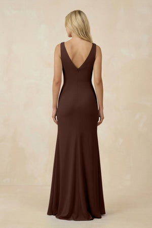 V-Neck Ruched Sheath Bridesmaid Dress with Slit in Espresso - SHE IS ME BRIDESMAID DRESSES