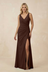 V-Neck Ruched Sheath Bridesmaid Dress with Slit in Espresso - KISS BRIDAL BRIDESMAID DRESSES