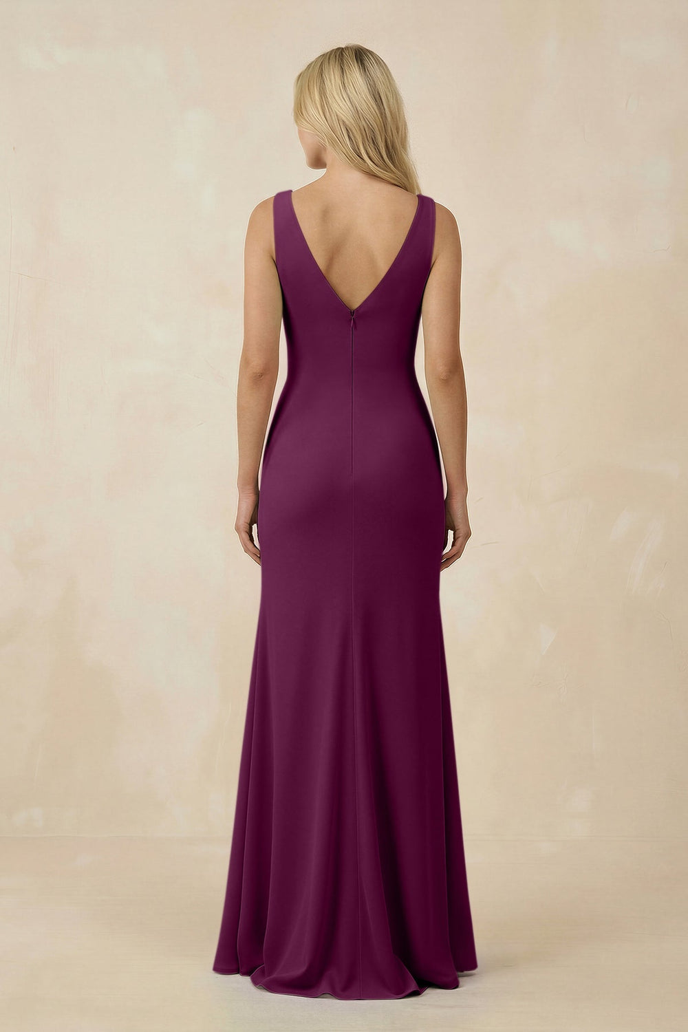 V-Neck Ruched Sheath Bridesmaid Dress with Slit in Fig - KISS BRIDAL BRIDESMAID DRESSES