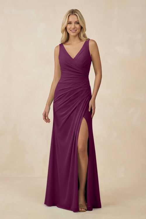 V-Neck Ruched Sheath Bridesmaid Dress with Slit in Fig - SHE IS ME BRIDESMAID DRESSES