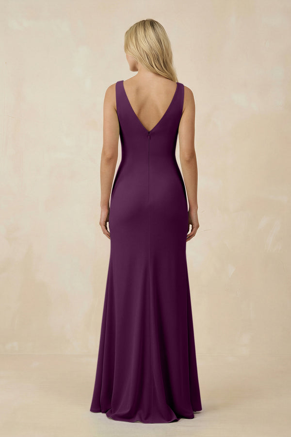V-Neck Ruched Sheath Bridesmaid Dress with Slit in Fig - KISS BRIDAL BRIDESMAID DRESSES