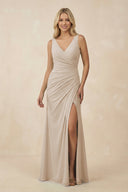 V-Neck Ruched Sheath Bridesmaid Dress with Slit in Frost - SHE IS ME BRIDESMAID DRESSES