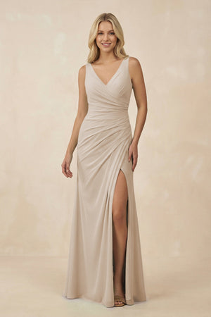 V-Neck Ruched Sheath Bridesmaid Dress with Slit in Frost - SHE IS ME BRIDESMAID DRESSES