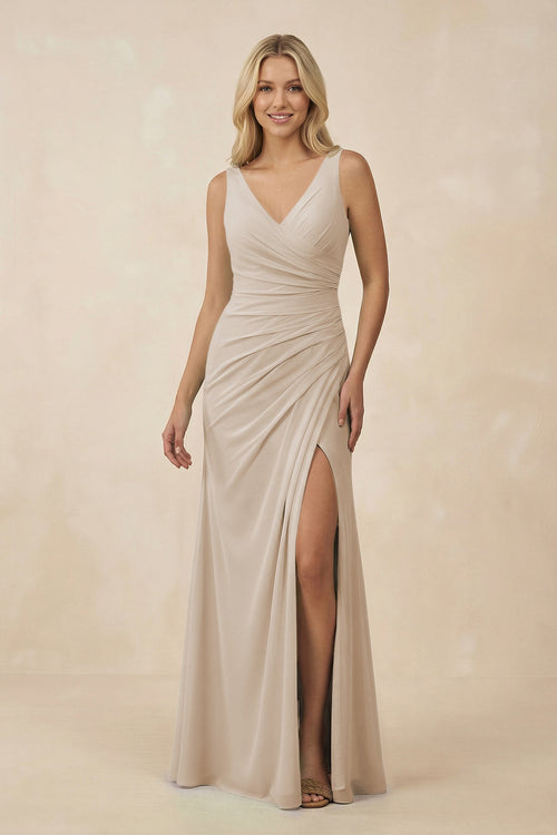 V-Neck Ruched Sheath Bridesmaid Dress with Slit in Frost - SHE IS ME BRIDESMAID DRESSES