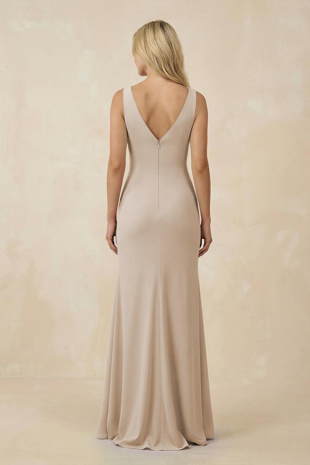 V-Neck Ruched Sheath Bridesmaid Dress with Slit in Frost - KISS BRIDAL BRIDESMAID DRESSES