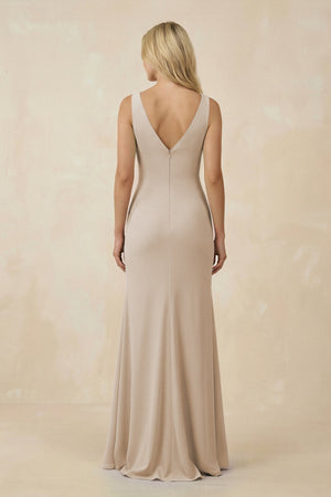 V-Neck Ruched Sheath Bridesmaid Dress with Slit in Frost - SHE IS ME BRIDESMAID DRESSES
