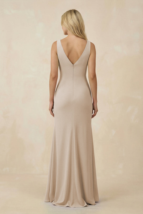 V-Neck Ruched Sheath Bridesmaid Dress with Slit in Frost - SHE IS ME BRIDESMAID DRESSES